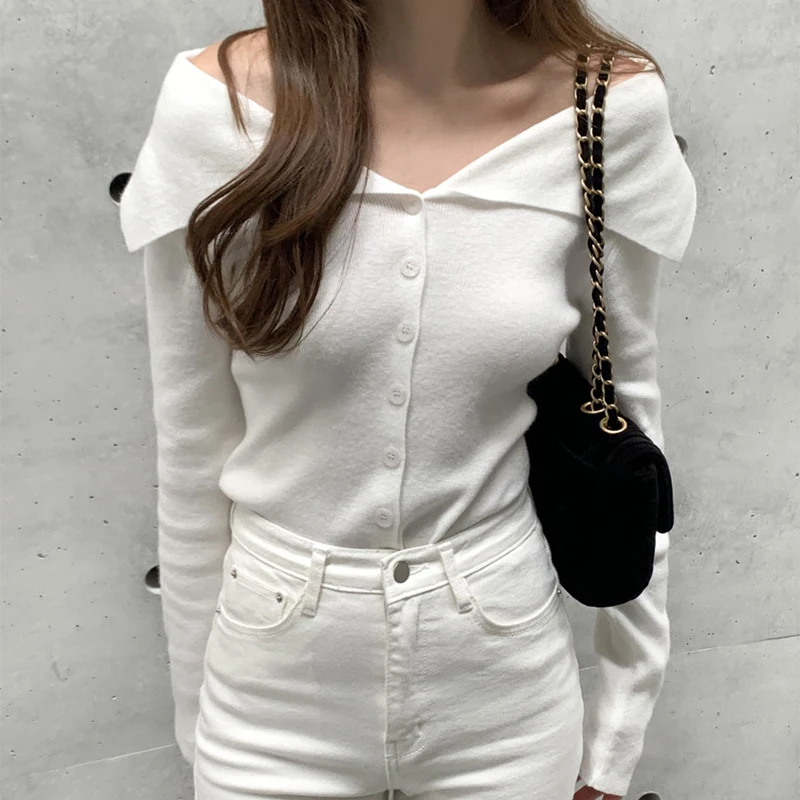

Chic Autumn Long Sve Knitted Sweater Slim Fit Single Button Chic One oulder Pure Color Versatile Korean Sle Commute