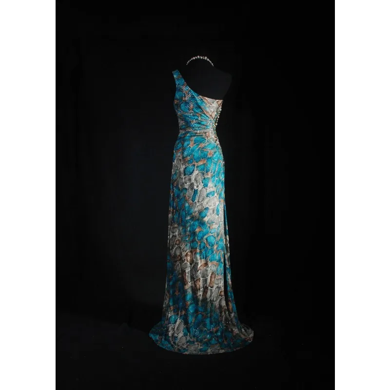 One Shoulder Printed Long Evening Dress, Slim Fit Knit Maxi Gown, Draped Formal Dress  Only The Dress Included, No Accessories