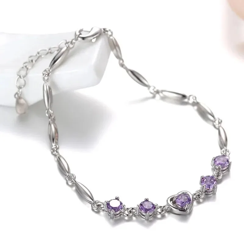 New Love Heart Zircon Amethyst Bracelet for Women Elegant Sterling Silver Cubic Zirconia Lucky Bracelet Jewelry Cccams España