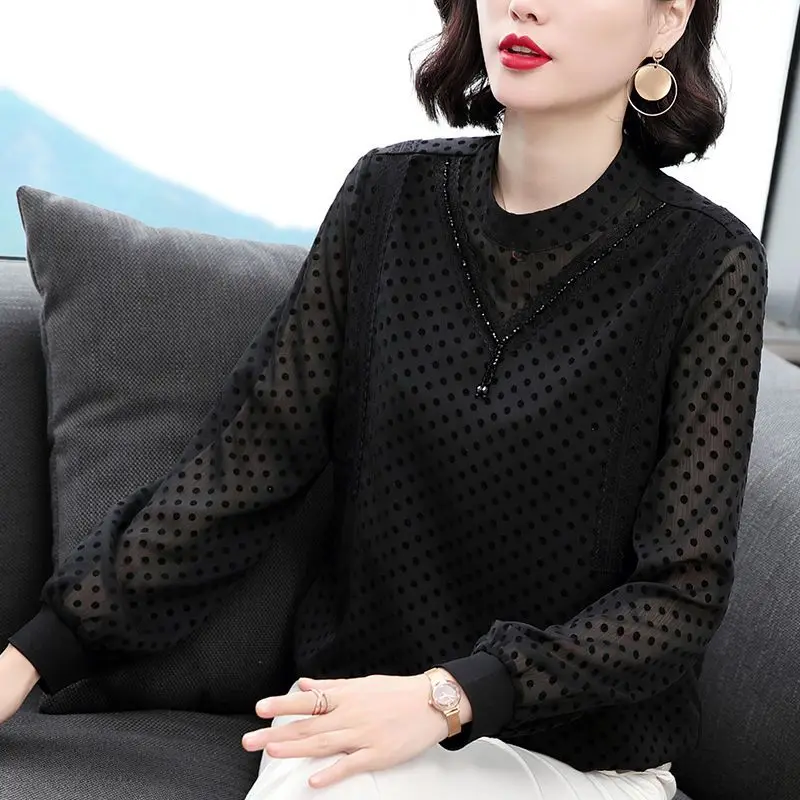 Commute Polka Dot Printed Blouse Fashion Beading Tassel Women\'s Clothing Lace Spliced Spring Autumn Casual Stand Collar Shirt