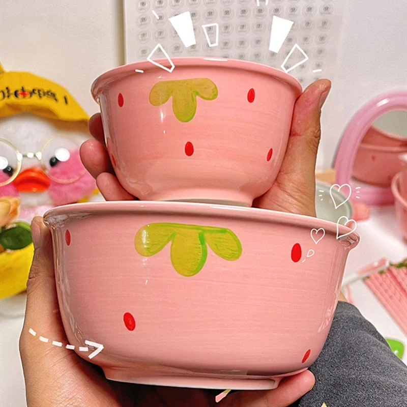 6.25-inch Strawberry Ramen Bowl Japanese Cute Noodle Bowl Salad Bowl Kitchen Tableware Microwave Safe Fruit Ceramic Plate