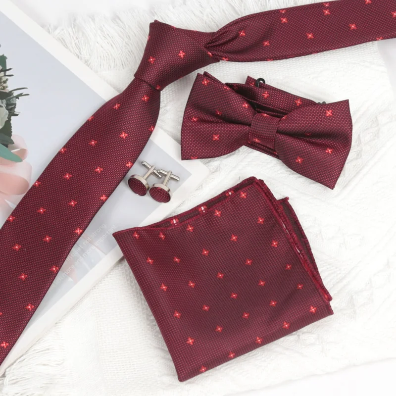 Burgundy Tie Fashion Wholesale Flower Bowtie Male Formal Necktie Cravat ​​Cufflinks Set for Men Party Wedding Accessories