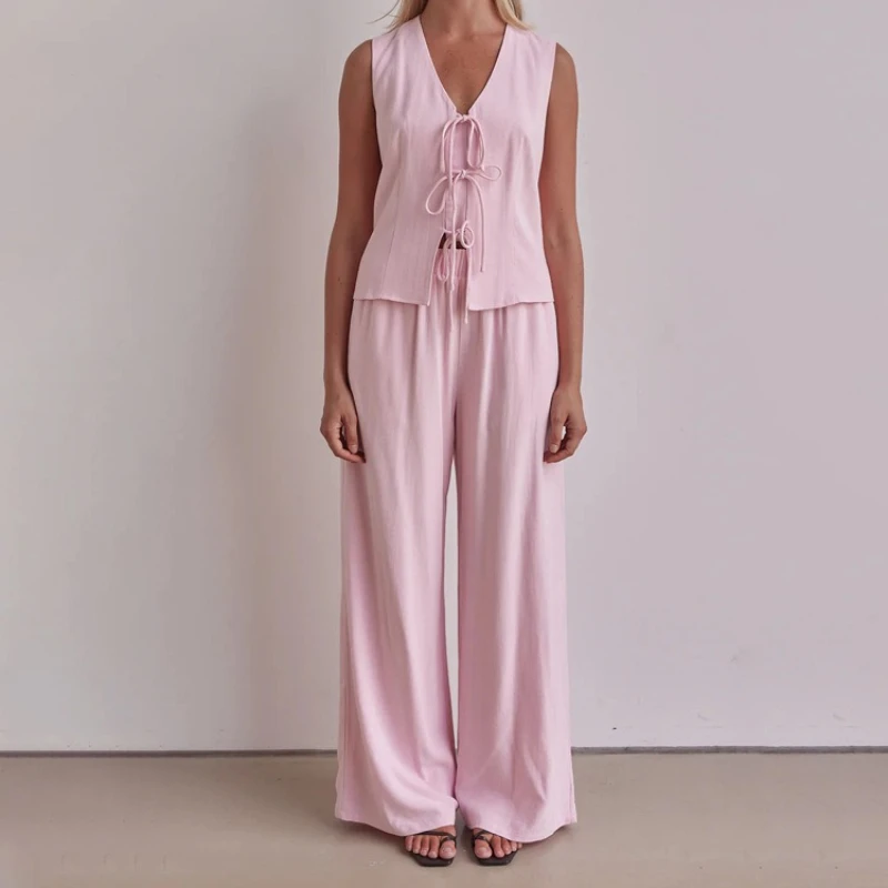 TARUXY Fashion Lace Up Hosen Sets frauen Ärmellose Weste Top Solide Lose Hosen Set Herbst Neue Dame Elegante Pendler Outfits