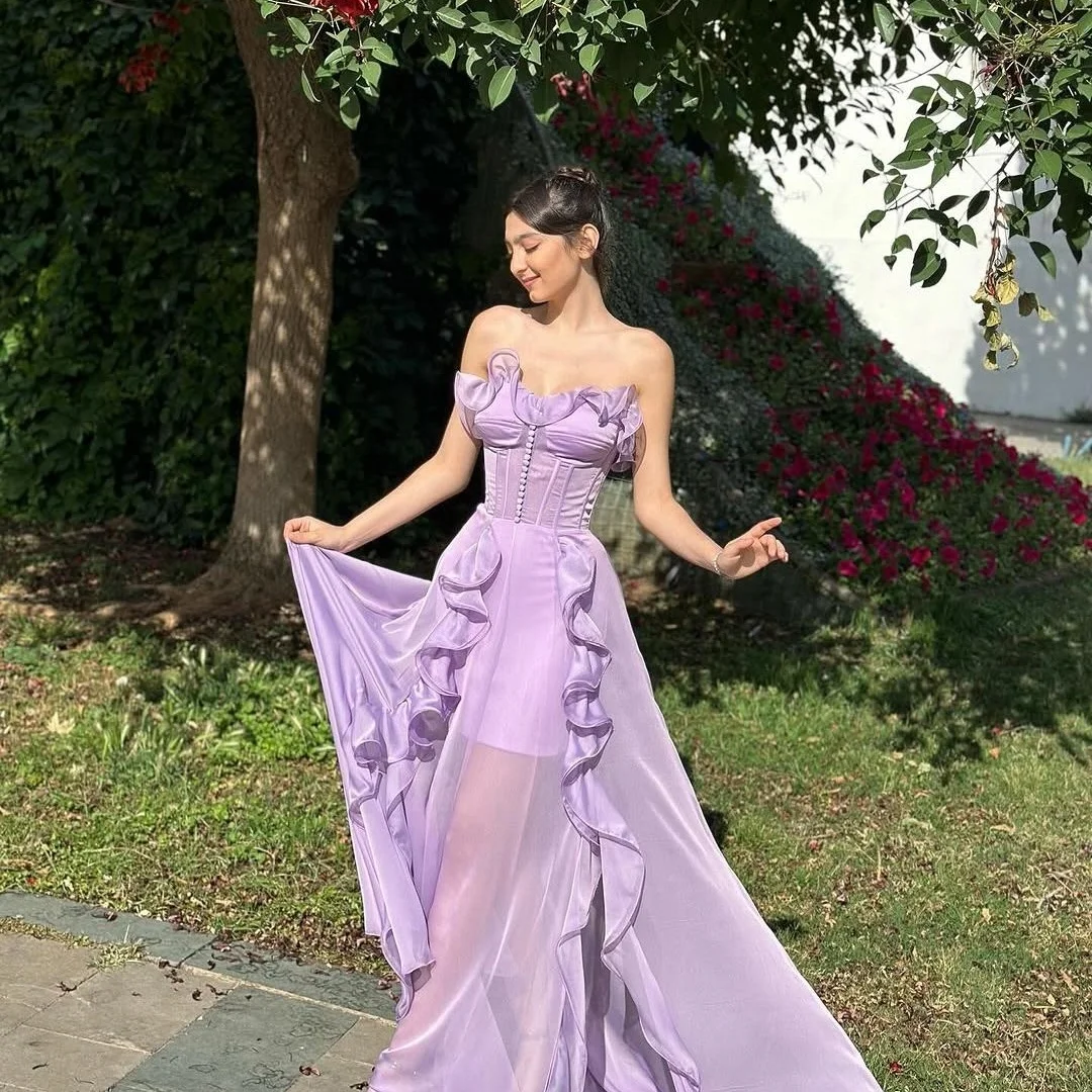 Amanda Aangepaste Paarse Strapless Backless Prom Dress Mouwloze Taffeta vestidos de noche Vloerlengte Formele Avond 2025