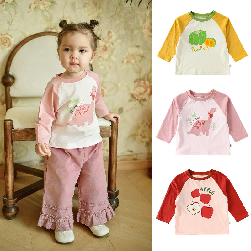 New Long Sleeve Baby T-Shirt for Spring Autumn Unisex Kids round Neck Cartoon Print Pure Cotton Base Layer Shirt for Children