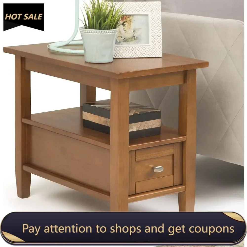 SOLID WOOD 14 Inch Wide Rectangle Rustic Narrow Side Table in Light Golden Brown With Storage Night Stand 1 Drawer and 1 Shelf