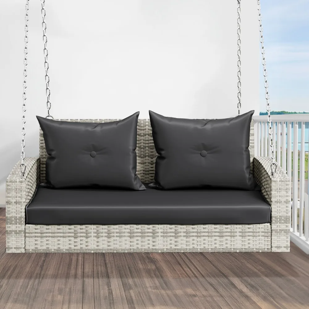 

2-Seat Wicker Hanging Porch Swing Chair Rattan Patio Swing Lounge w/Cushion