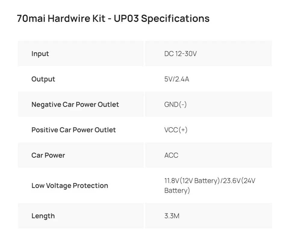 70mai UP03 Hardwire-Kit Parküberwachungskabel NUR für 70mai Dash Cam M500_Omni M310_X800_A810_A510 Dash Cam – Detail 6