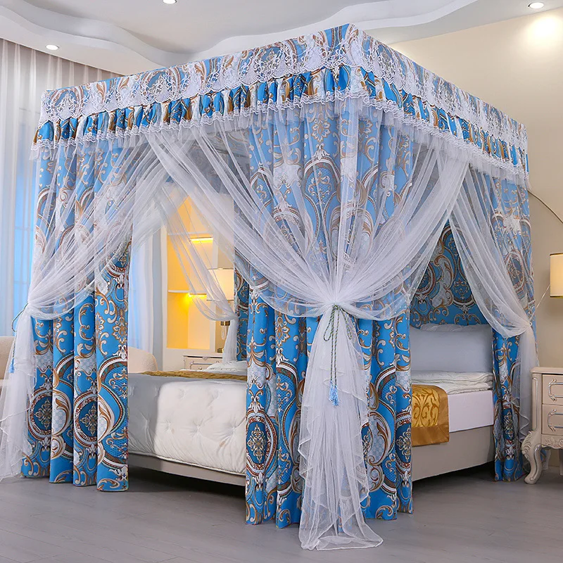 Retro Blue Blackout Bed Curtain Bed Valance (No Bracket)  Enclosed Dust-proof Detachable Washable Mosquito Net For Home Bedroom