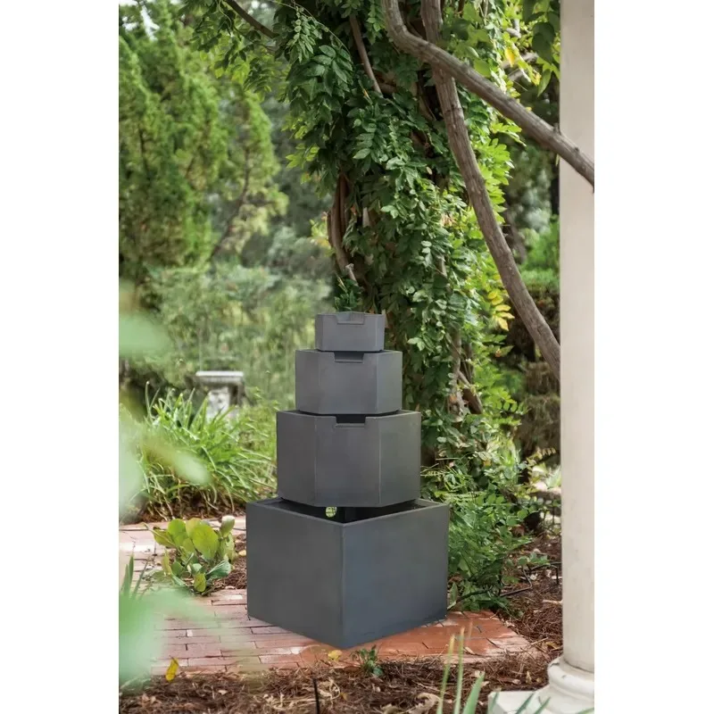 41.7 inch gray cement four-layer stacked water fountain, modern outdoor garden water feature decoration