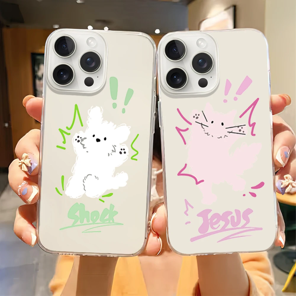 Cartoon shock puppy cat Phone Case for iPhone 12 11 13 14 15 16 Max Pro Plus Transparent Soft Shell