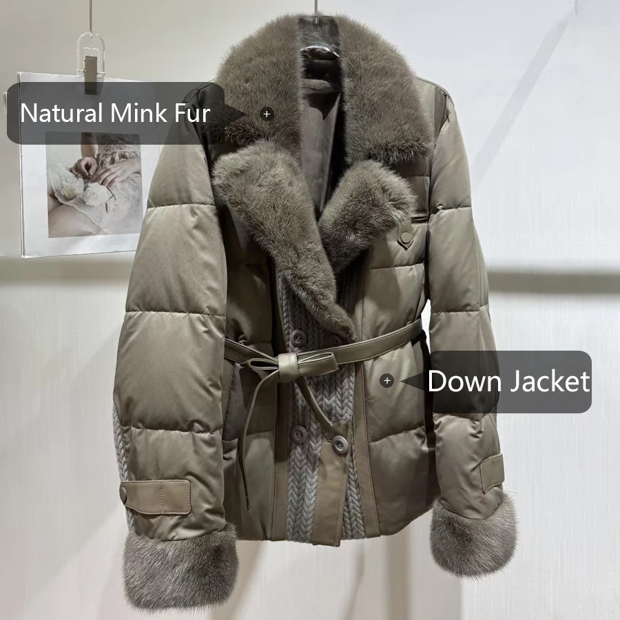 짧은 리얼 밍크 모피 코트 블랙 천연 모피 푸퍼 재킷 벨트 루즈 푸퍼 파카 럭셔리 겨울 따뜻한 다운 코트