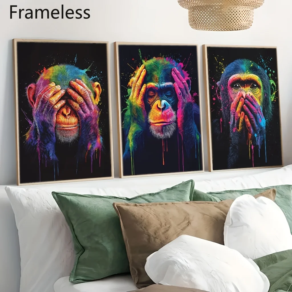 2D Flat 3pcs/set Modern Three Wise Monkeys Canvas Wall Art Poster Frameless Abstract Funny Monkeys Posters for Living Room Decor