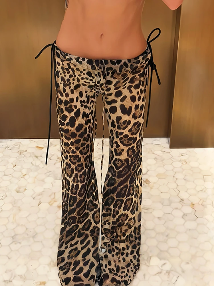 JULISSA MO Sexy Low Waist Leopard Print Lace Up Women Pant Flared Wide-Leg Trousers Female Summer Skinny Elegant Party Clubwear