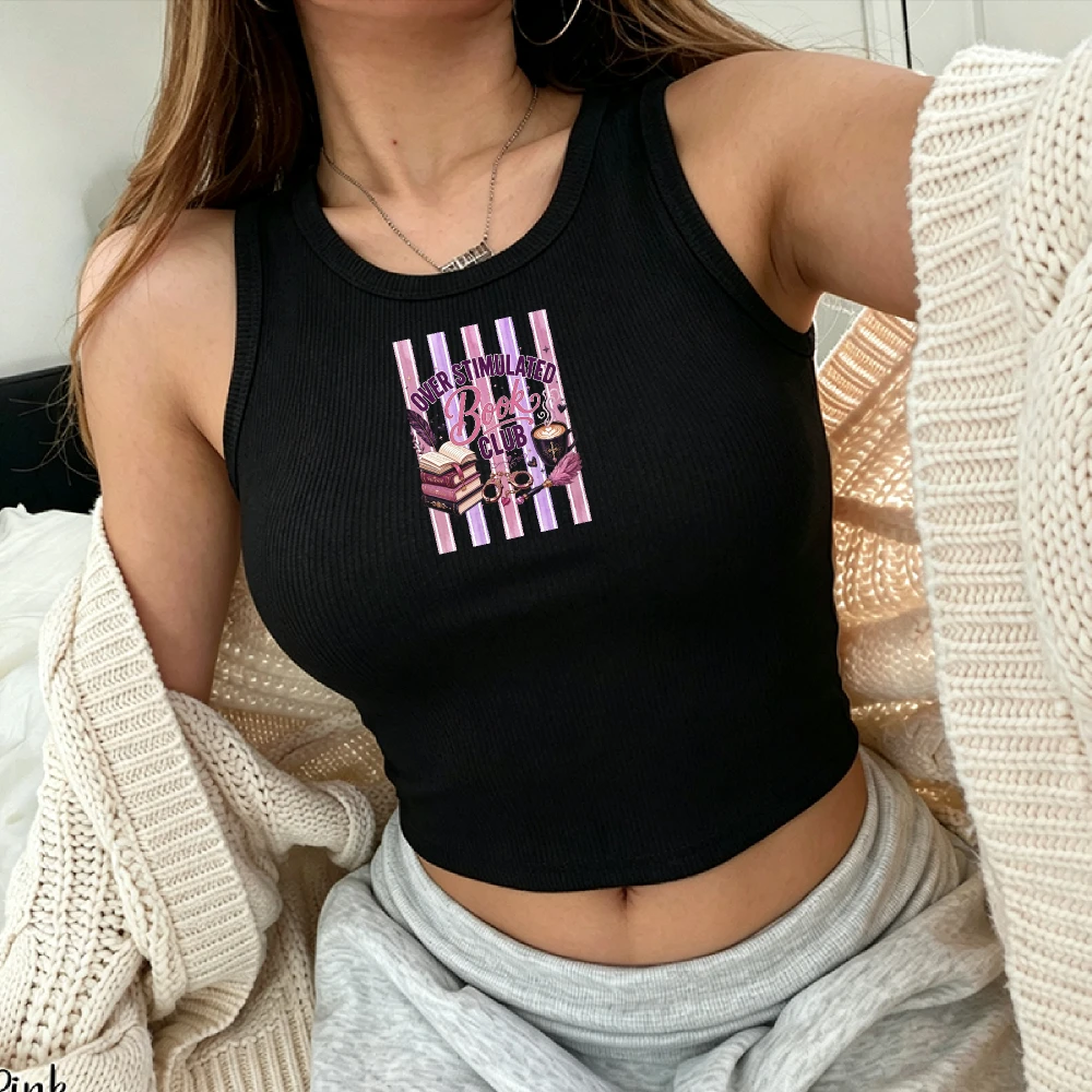 Y2k Ribbed Tank Top Crop Top Overstimulated Book Club Shirt Bookish Reader Tee Spicy Romantasy Dark Academia Coffee Lover Gift S
