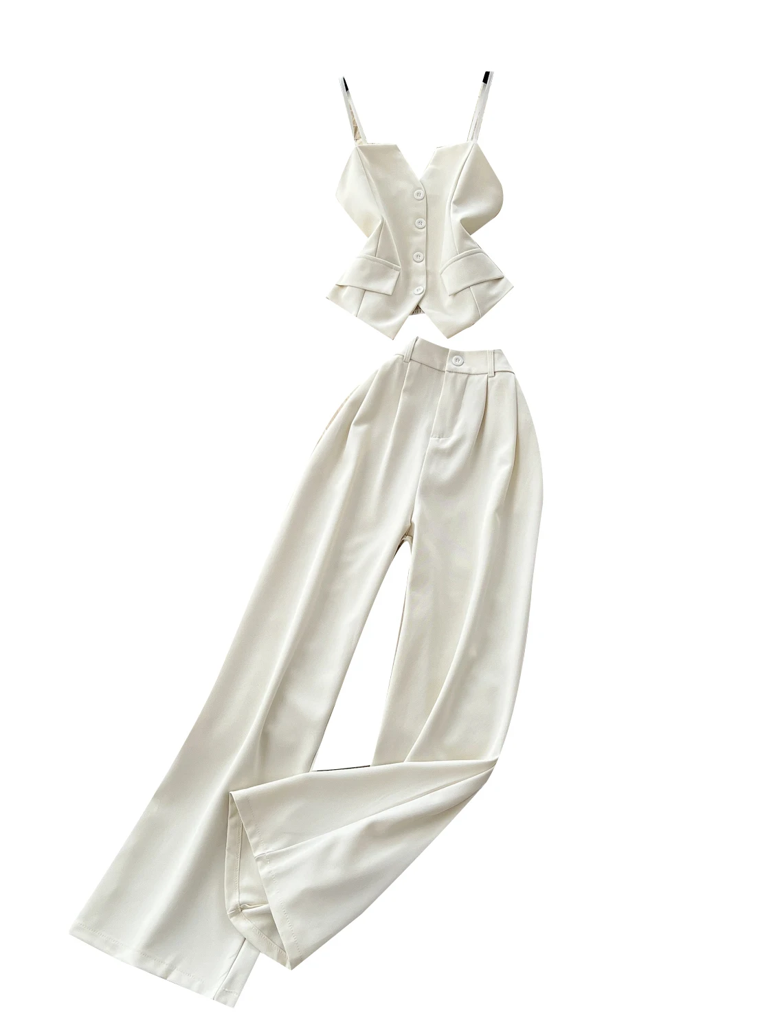 유행하는 여성 여름 세트 하이웨이스트 와이드 레그 스트레이트 팬츠 베스트 투피스 수트 벨티드 크롭탑 트렌디 의상