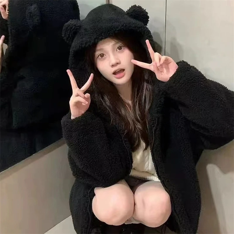 Cute Bear Lamb Fleece Coat Autumn Winter Bear Ear Fur Plush Top Thickened Hooded Coat Black White Student Korean Sweatshirt