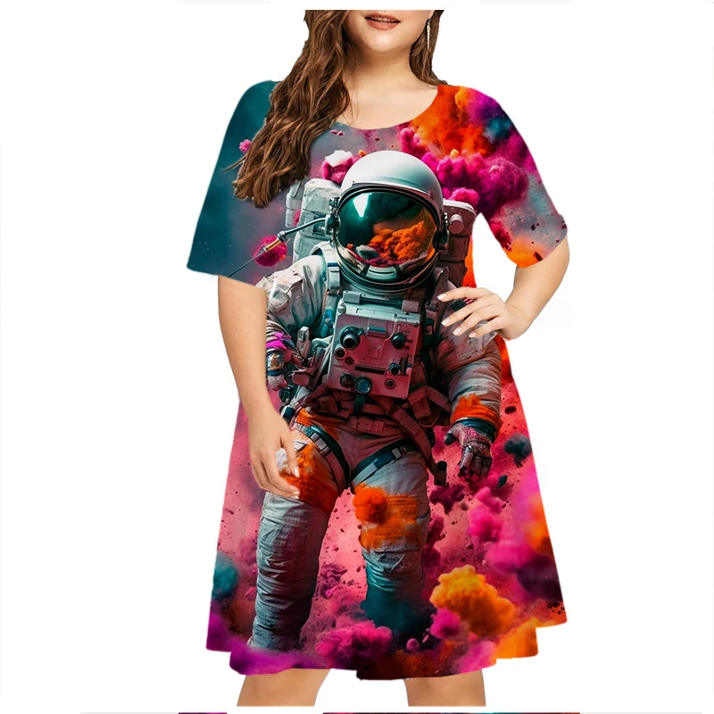 Aviation Astronaut Pattern Print Dress Women Casual Short Sleeve Loose Plus Size Dress 6XL Fashion Streetwear Ladies New Clothes