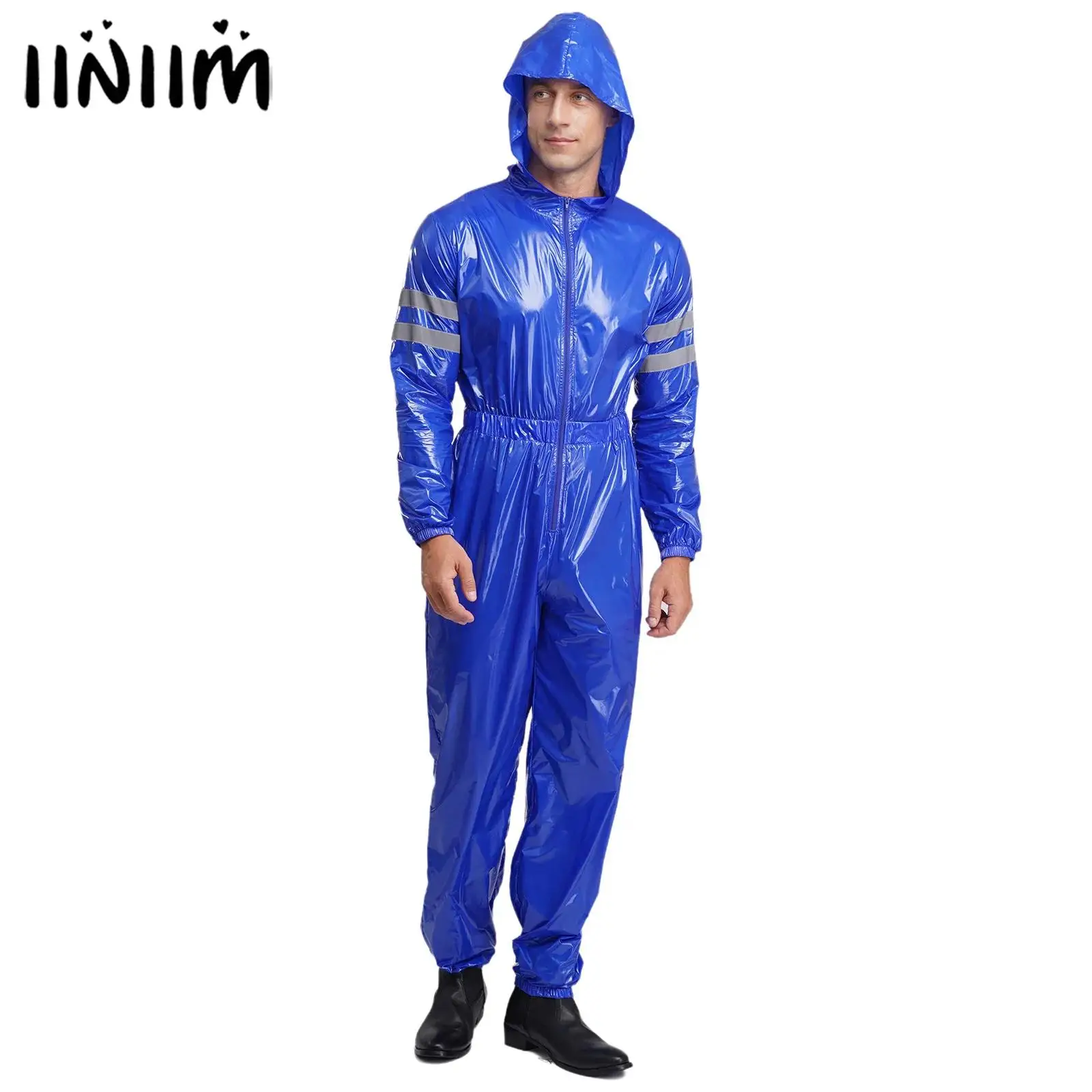 

Mens Water Resistant Coveralls Costume High Visibility Reflective Strips Long Sleeves Elastic Waist Front Zipper Hooded Jumpsuit