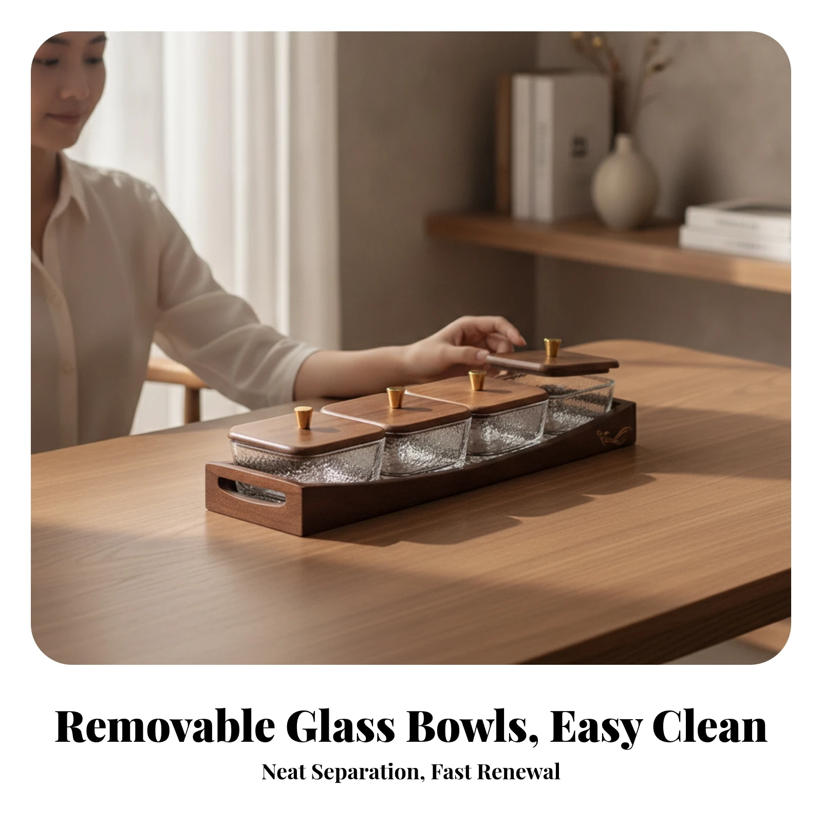 Wood Snack Tray with Glass Bowls Separated Serving Tray with Glass Dishes Appetizer Platter with Bowls Walnut Hammered for Hosts