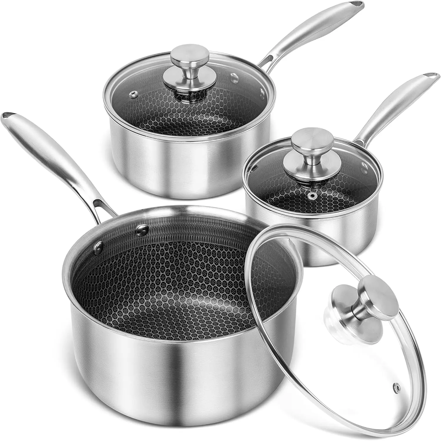

Набор кастрюль из нержавеющей стали 1QT, 2QT и 3QT, трехслойная кастрюля премиум-класса с крышкой, кастрюля для соуса с сотовым интерфейсом - 6 шт.