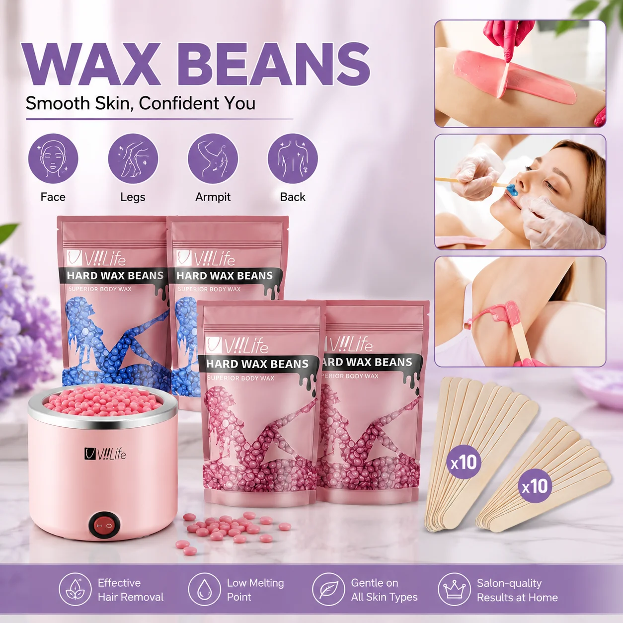 Waxing Kit Wax Warmer for Hair Removal Hard Wax Kit With 7.1oz 4 Bags Hard Wax Beans for Full Body, Legs, Face, Eyebrows, Bikini, Brazilian Waxing Kit for Women Men