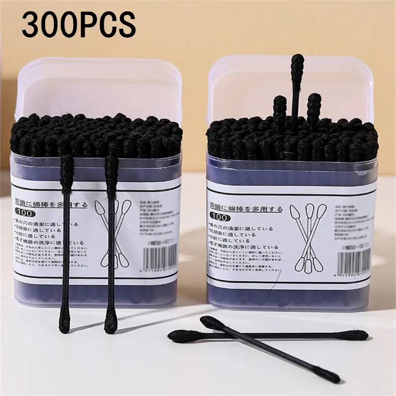 100/200/300PCS Schwarze doppelseitige Wattestäbchen Earpick Einweg-Wattestäbchen zum Reinigen von Mitessern Ohrreinigungswerkzeug