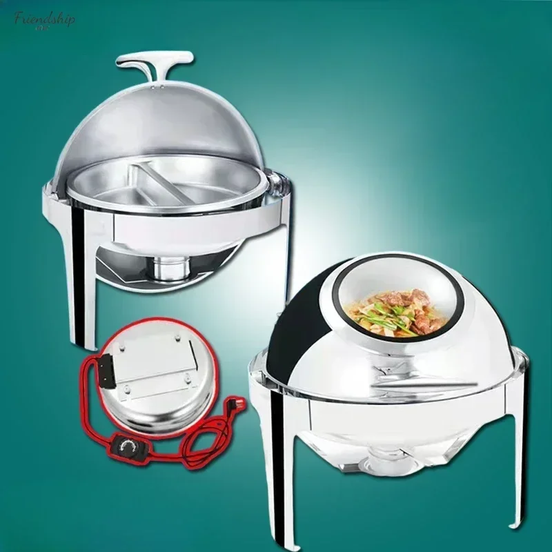 Buffet Stove. Thickened stainless steel. Round. Electric heating. Visual. Hotel. Flip cover insulation. Breakfast stove.