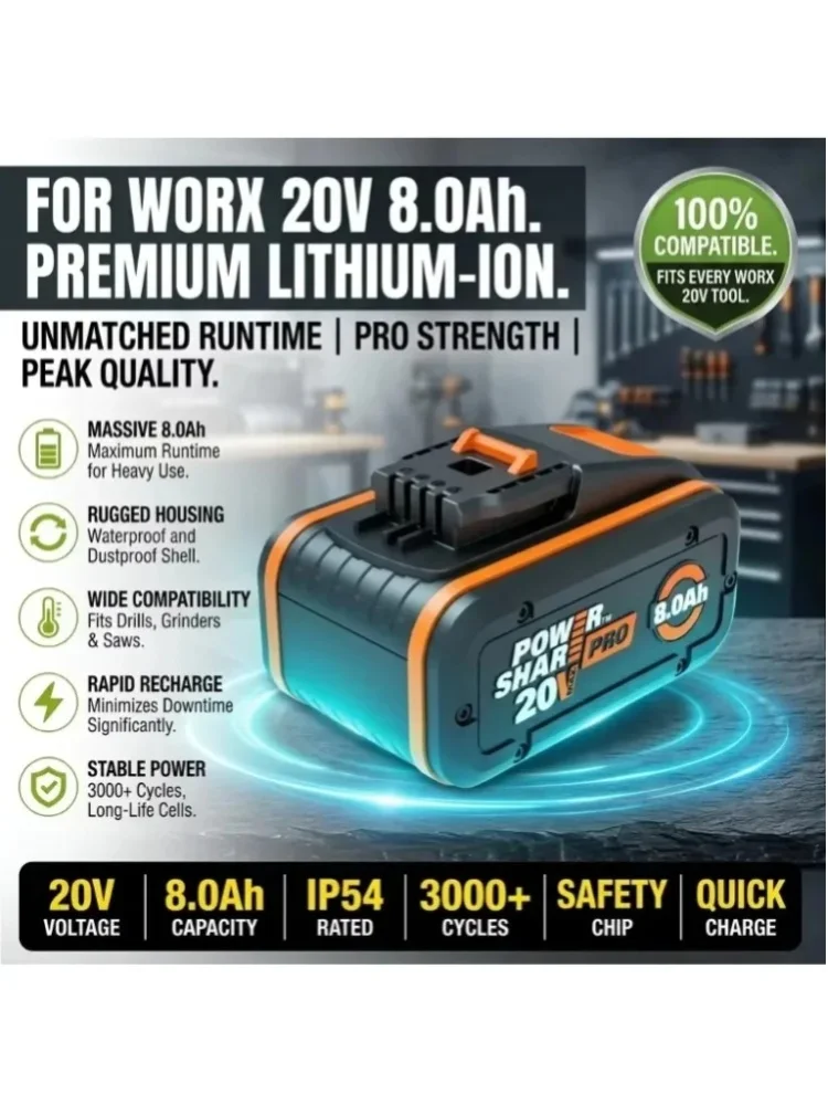 LIDIKALA Wiederaufladbarer 20V 8.0Ah Lithium-Ionen-Akku Kompatibel mit WORX WA3553 WA3551 WA3553.1 WA3570, Ersatzakku für Akku-Schrauber und Gartengeräte