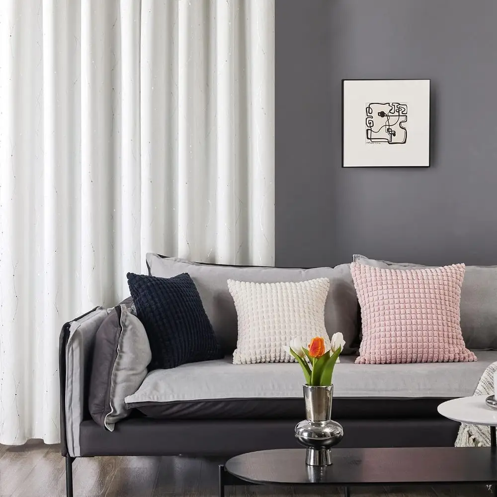 ستائر حلقية منقوشة باللون الفضي، أبيض نقي، عرض 52 بوصة × طول 84 بوصة