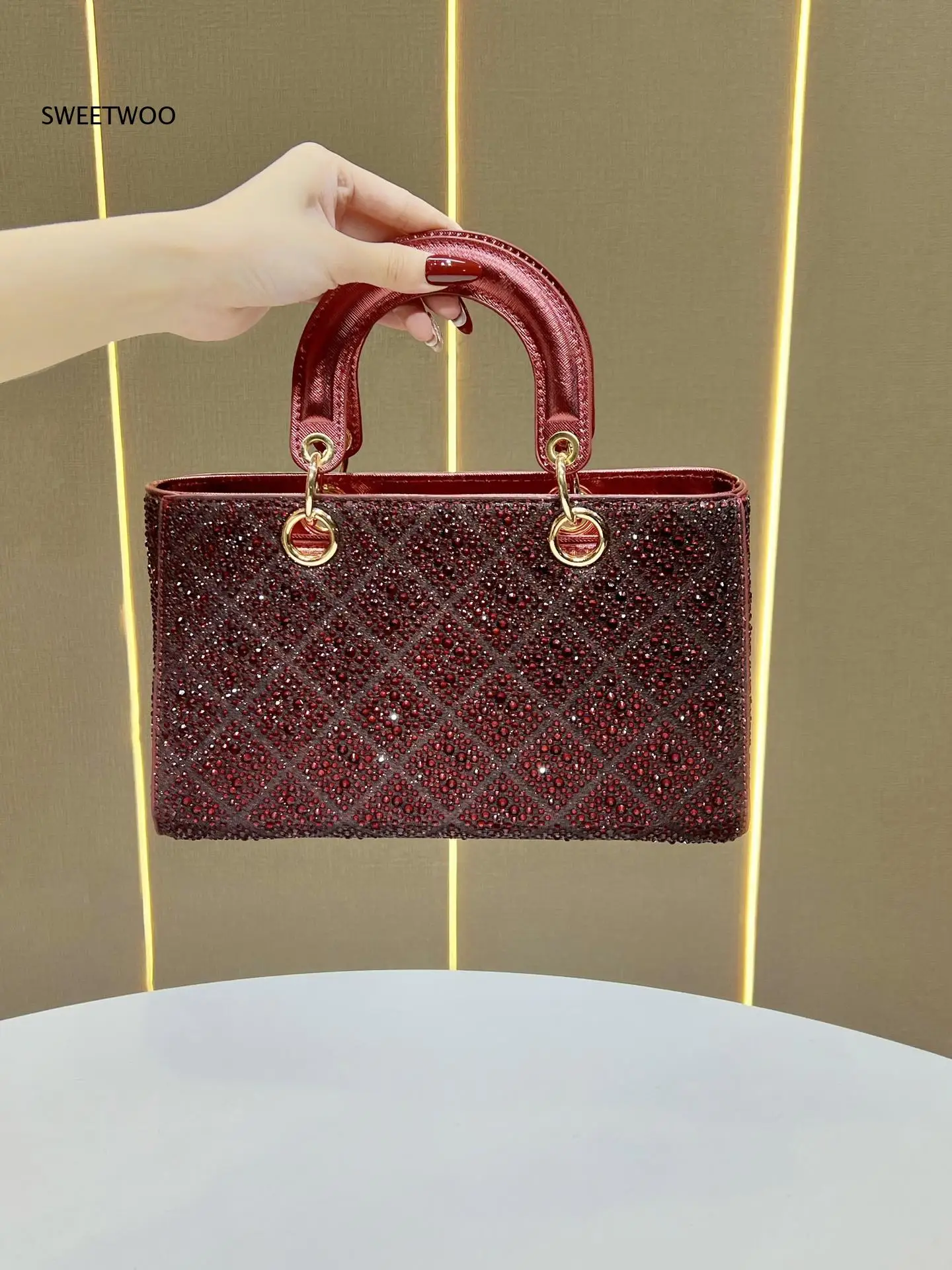 Vollständig mit Strass besetzte Diamantgitter-Handtasche mit kurzem Metallgriff, abnehmbarem dünnem Kettenriemen, mehrfarbig, formelle Abendtasche