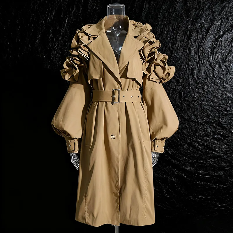 

Elegant Mid Length Trench Coat 2025 Autumn Notched Lapel Long Sleeve Peplum Slim Fit Jacket Women
