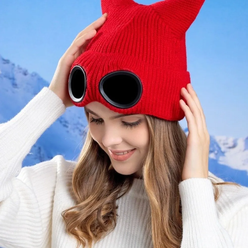 Cute Warm Winter Beanie Windproof Lining Knitted Goggles Hat Soft Cat Ear Ear Protection Hat for Women