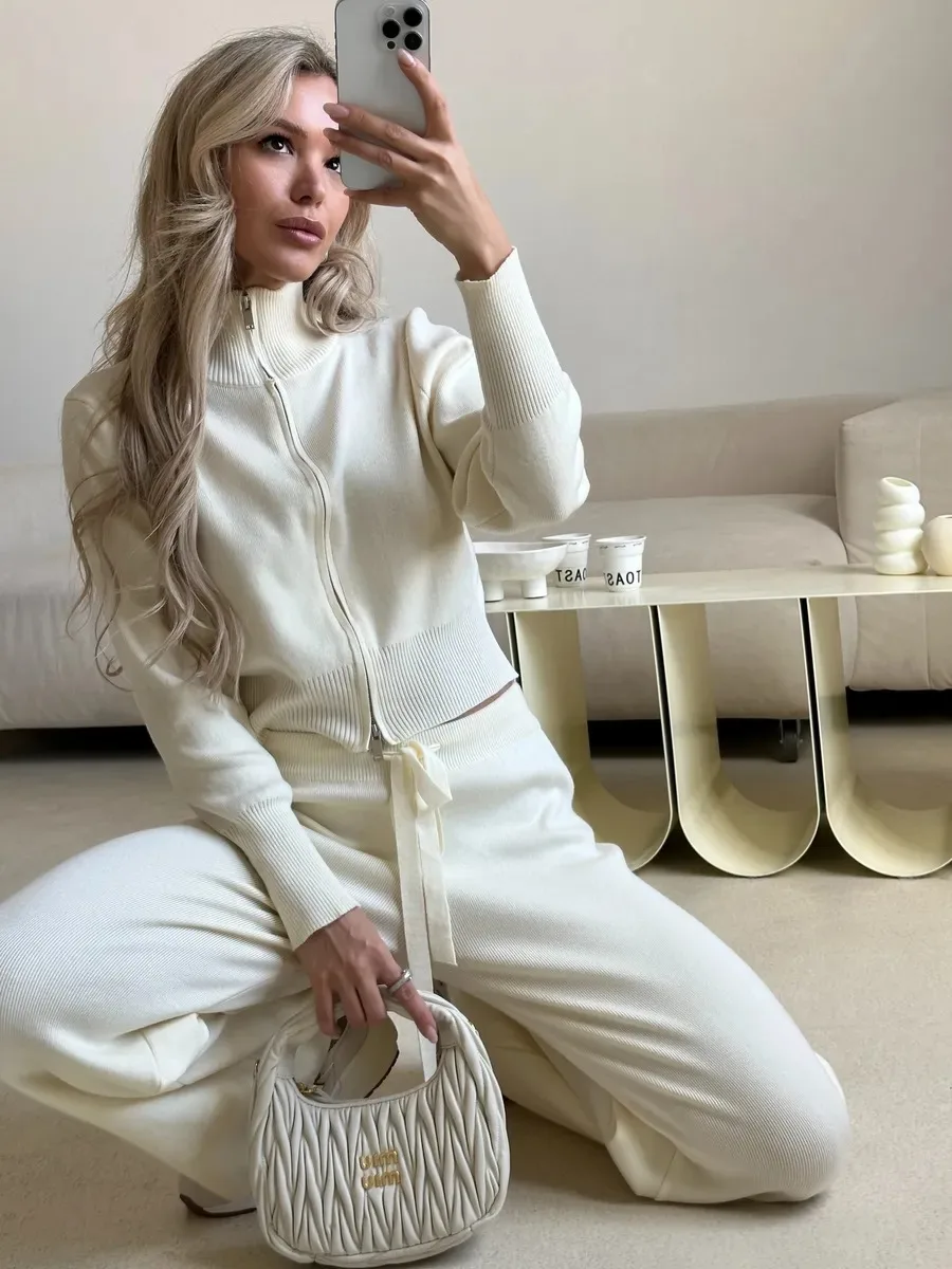 Zipper Knitted Suit Autumn and Winter New Elegant Commuter Double Open Zipper Slim-Fit Sweater Suit Ropa Mujer