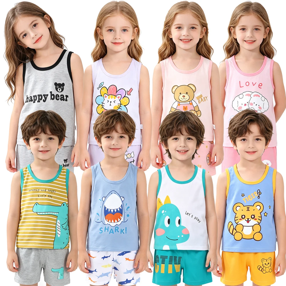 100% Cotton Children Home Clothing Kids Pajamas Boys Sets for Girls Toddler 1 to 2 3 4 5 6 Years Funny Sleeveless Summer Pijama