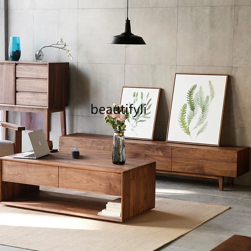 

zxqBlack Walnut Solid Wood TV Cabinet Coffee Table Combination Modern Simple and Light Luxury Nordic Living Room Small Apartment