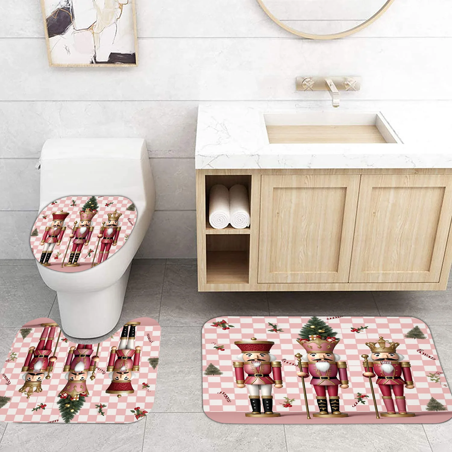 

3pcs ​​Pink Checkered Nutcracker Bath Mat Set - Non-Slip Festive Rug & Lid Cover for Whimsical Holiday Decor & Christmas Charm​