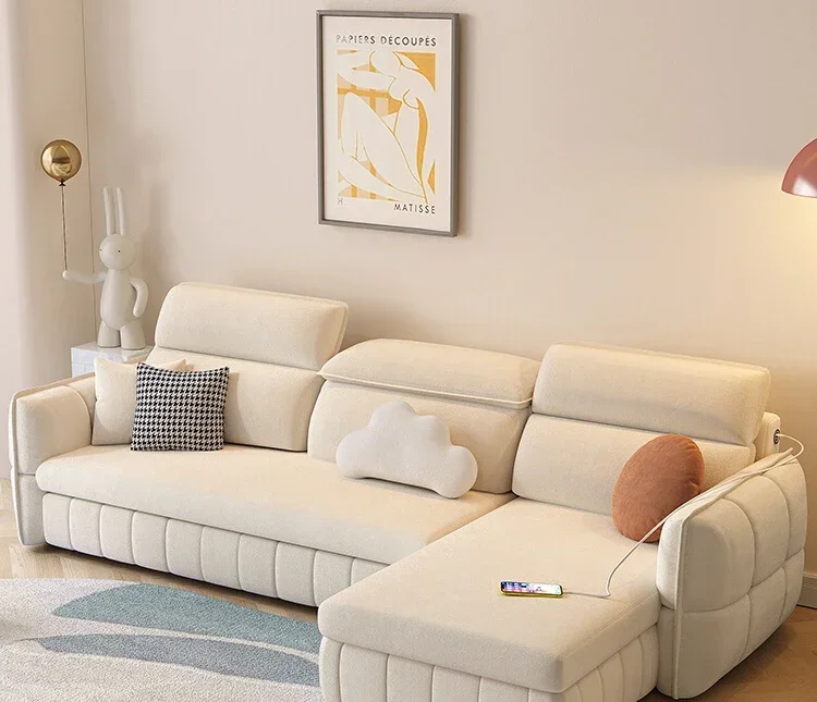 

Multifunctional sofa bed can be folded for sitting.Small apartment modern cream wind technology flannel storage telescopic bed