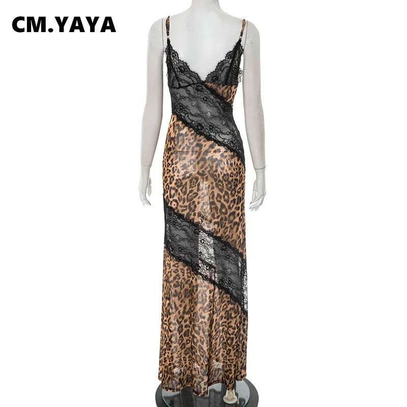 CM.YAYA Women Leopard Print Strap Lace Sleeveless Mesh See Through Maxi  Long Dress Birthday Sexy Vacation Party Evening Dresses - AliExpress  200000345