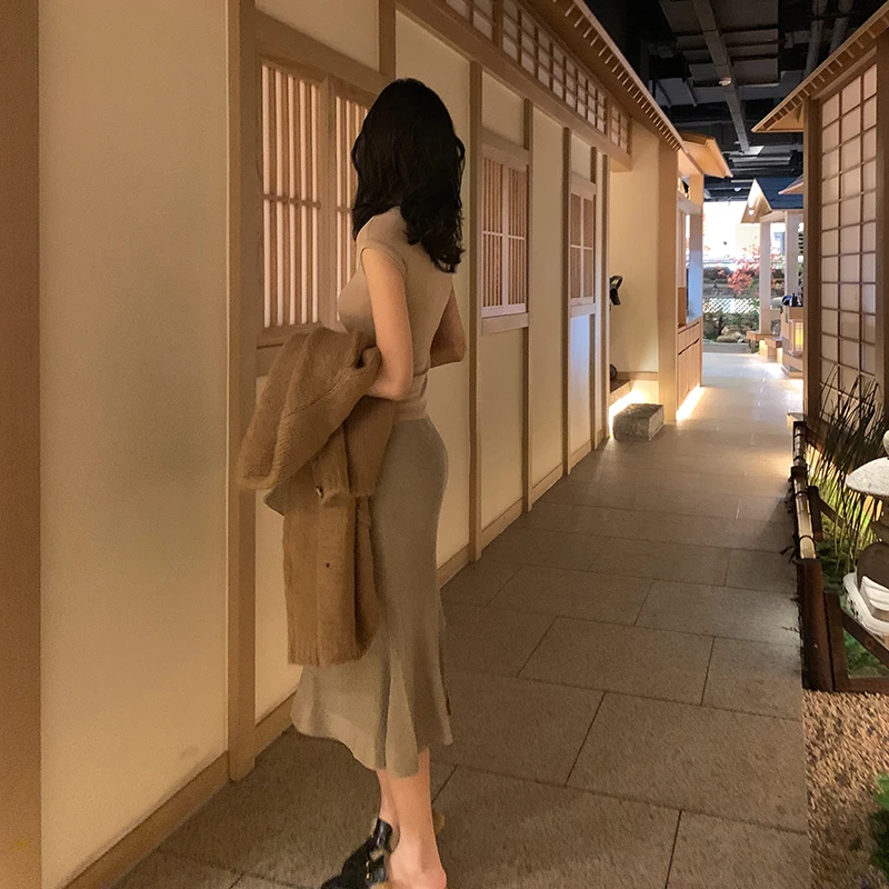 

Women's Knitted Fi Tail Skirt Slim Fit Wrap around mid Waist a Line Midi Skirt for Autumn Winter Faion plus Size