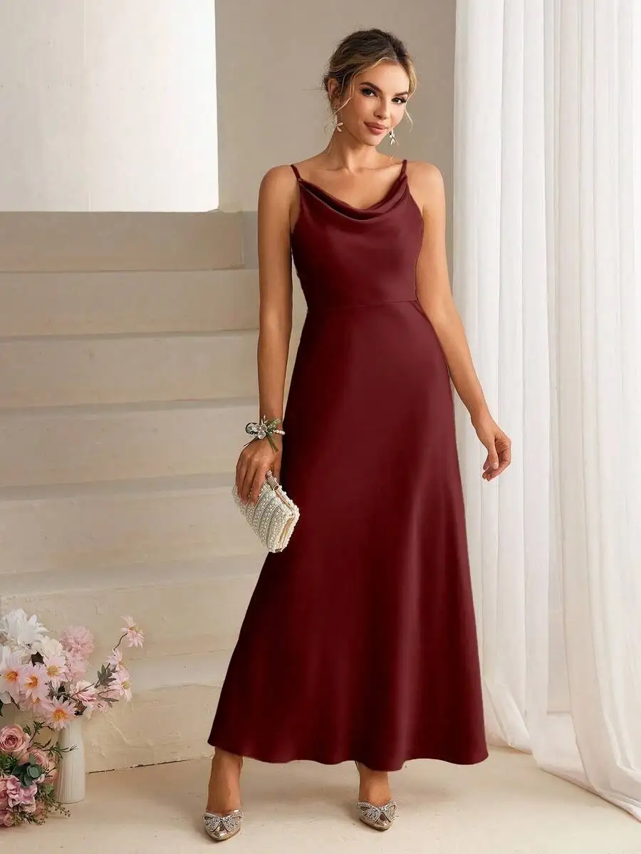 Elegant Satin Spaghetti Strap Long Gown For Bridesmaid Party Prom view 3