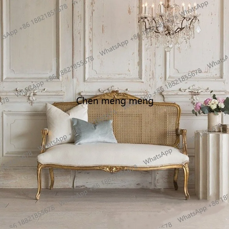 

Studio sofa French solid wood carving flower retro old braided rattan leisure sofa B & B