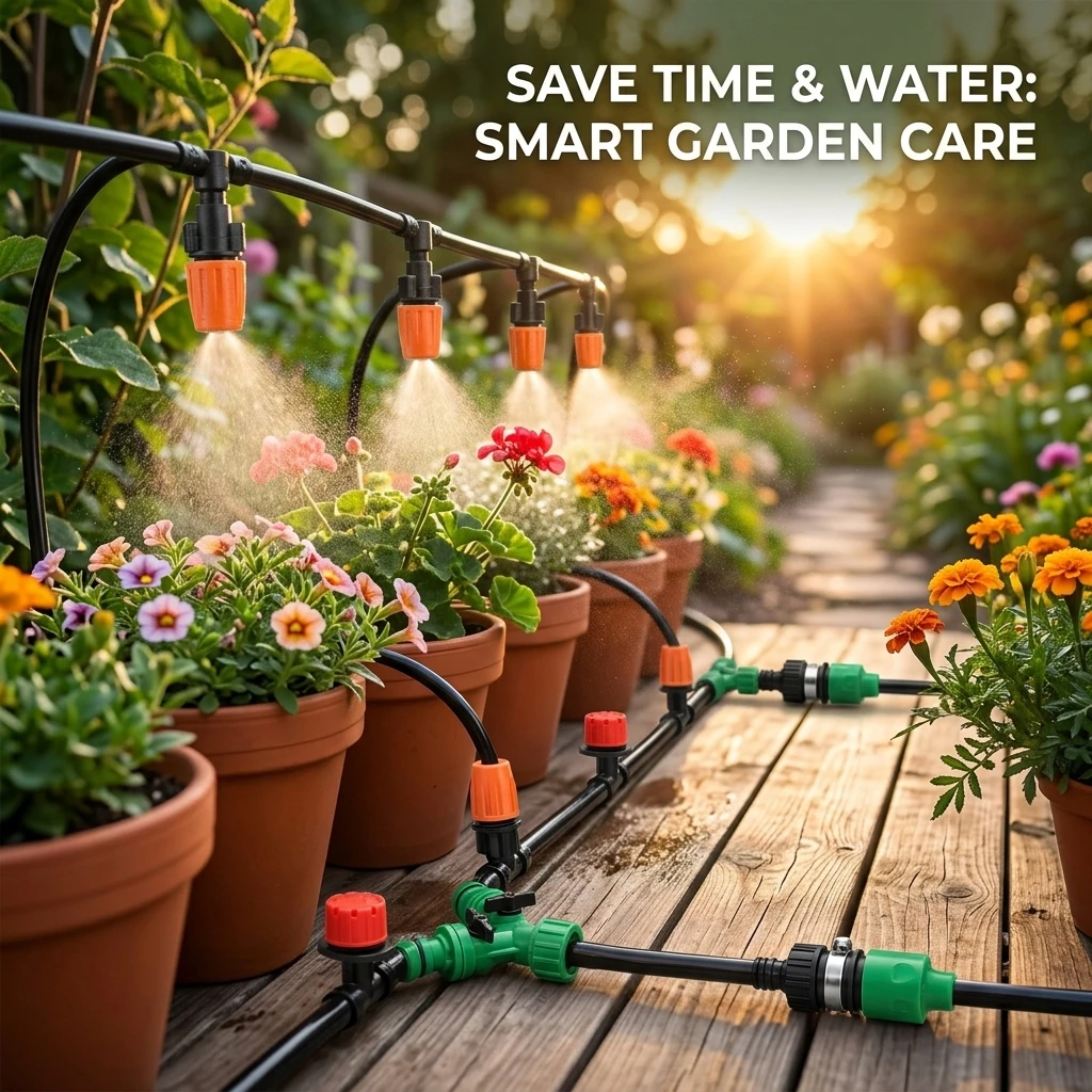 Drip Irrigation Kit DIY Automatic Watering System with Adjustable Micro Misting Nozzles for Garden and Greenhouse