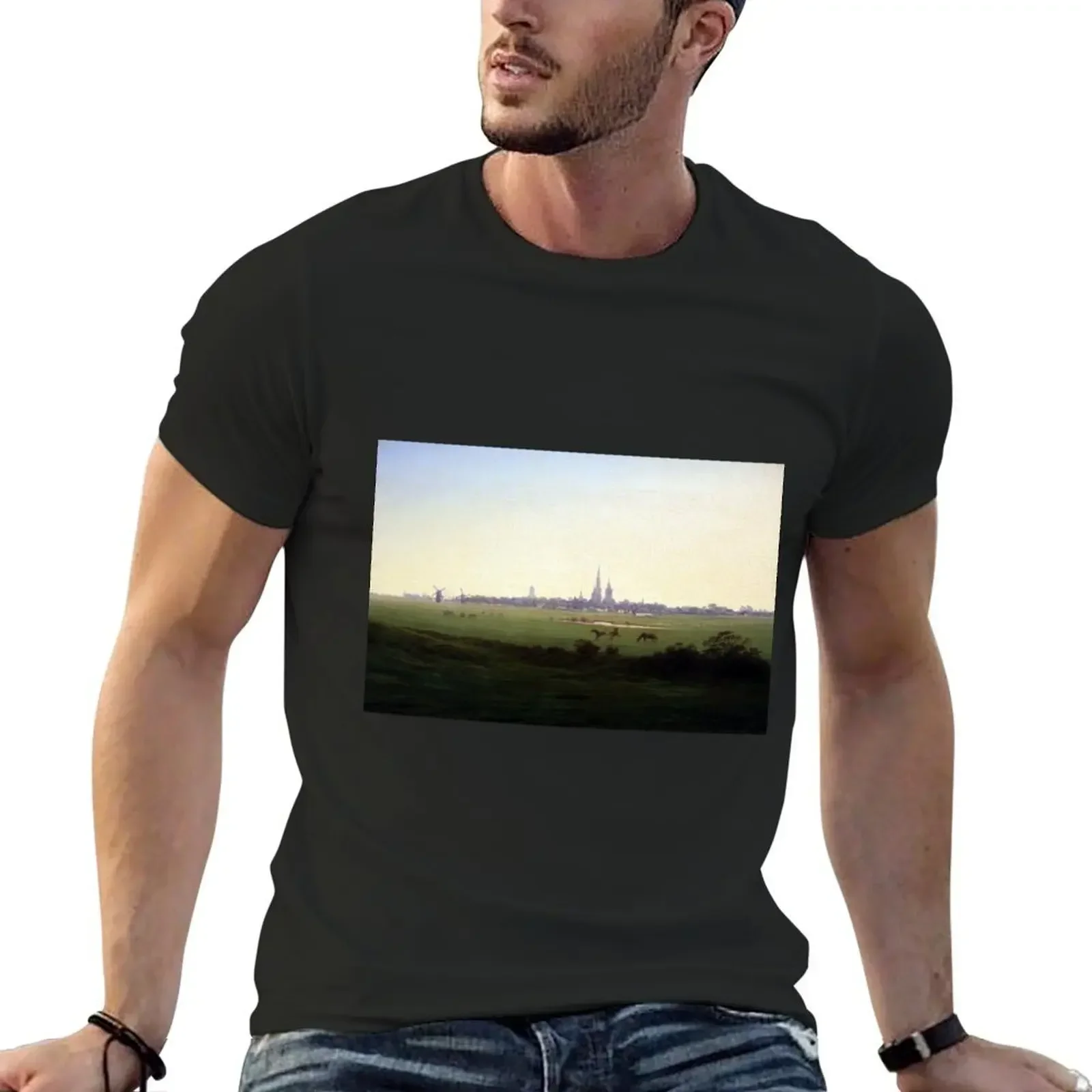 

Caspar David Friedrich Meadows near Greifswald T-Shirt blue archive hippie clothes summer top mens t shirts casual stylish