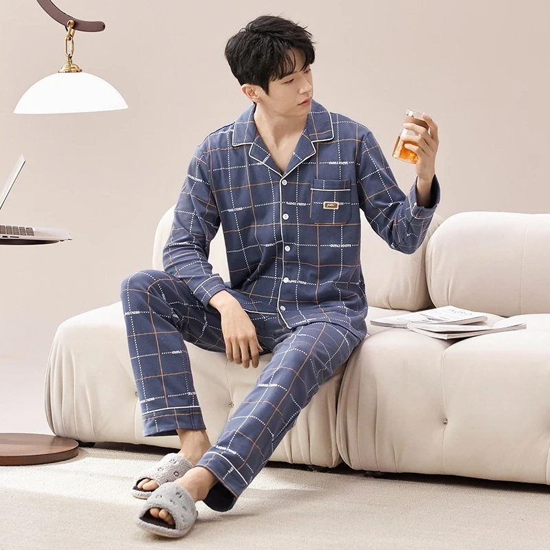 2024 Autumn Long Sleeve 100% Cotton Casual Plaid Pajama Sets for Men Korean Loose Sleepwear Pyjamas Male Homewear Home Clothes