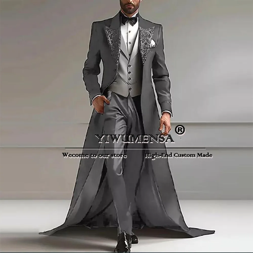 Business Men Suits Sparkly Sequins Peaked Lapel Long Tail Jacket Vest Pants 3 Pieces Groom Wear Wedding Tuxedo Tailored Clothing