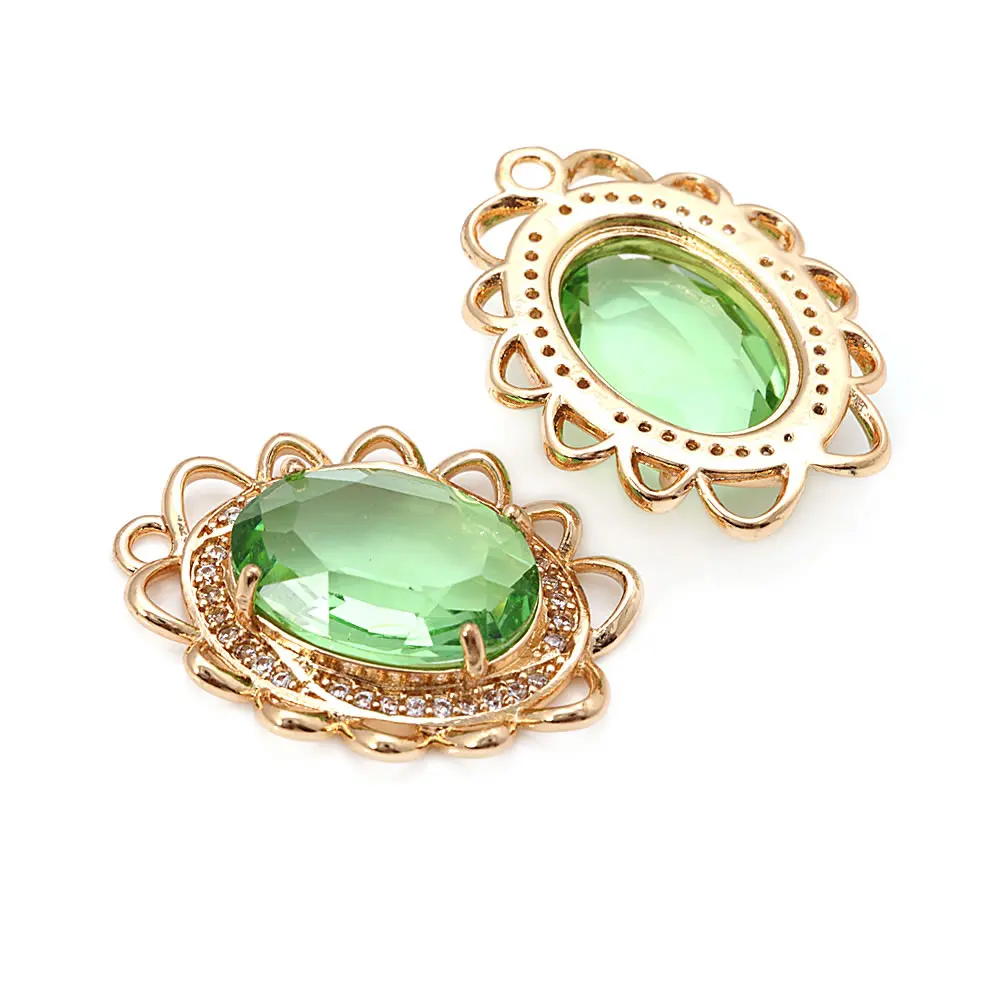 18K Gold Color Brass Zircon Glass Oval Shape Connect Charms Pendants High Quality Diy Jewelry Accessories Making Materials