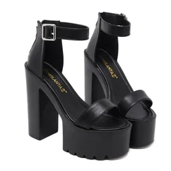 Hot Selling Summer Fashion Platform High Platform Sandals Waterproof PU Buckle 15CM Thick High Heels Super High Heel Model Shoes