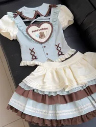 Japanese Style Sweet Lolita Set Women Kawaii Bow Shirt Tops Cute Y2k Cake Mini Skirt Girls Harajuku Princess Dress Outfits