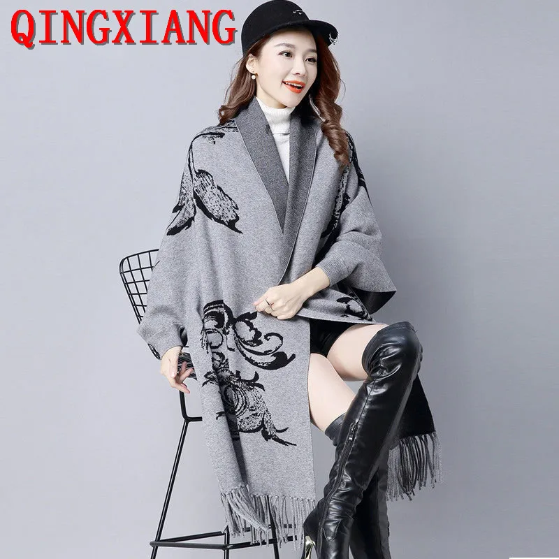 5 Colors Korean Oversize Scarf Winter Knitted Poncho Women Printed Loose Overcoat Female Long Batwing Sleeves Tassel Shawl